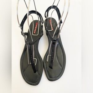 Prada Sport Y2K Black Leather Nylon Logo T-strap Kitten Low Heel Sandals EU 39
